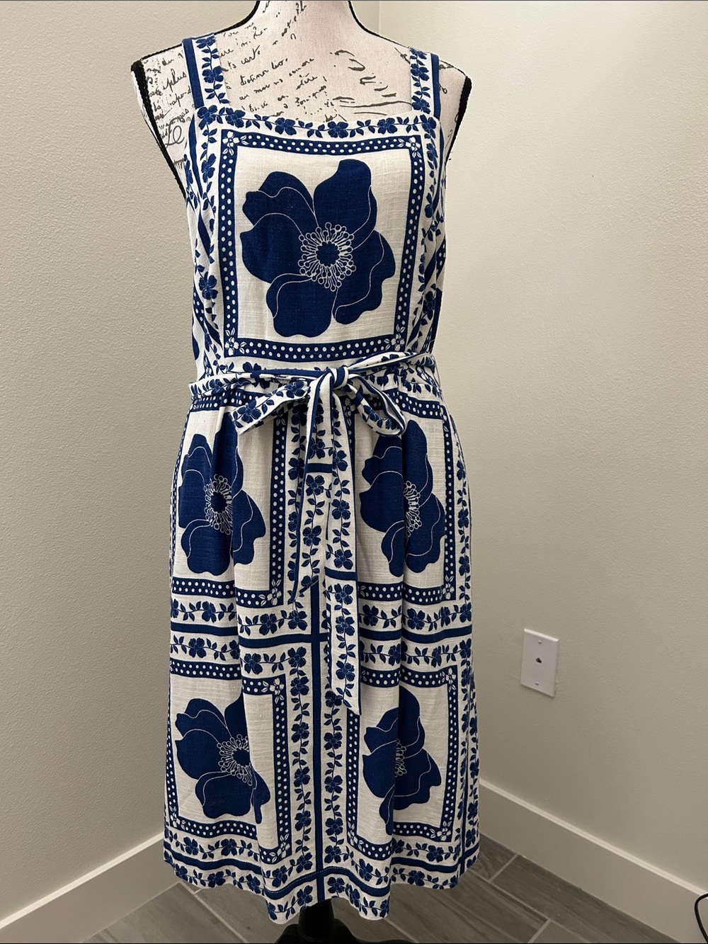 Draper James  Blue Floral Midi Dress with Self-Tie Waist